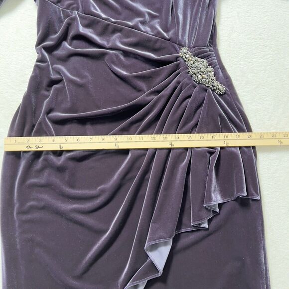 Alex Evenings Velvet Cocktail Dress Sz 14 Purple Side Draped 3/4 Sleeve - Picture 12 of 14